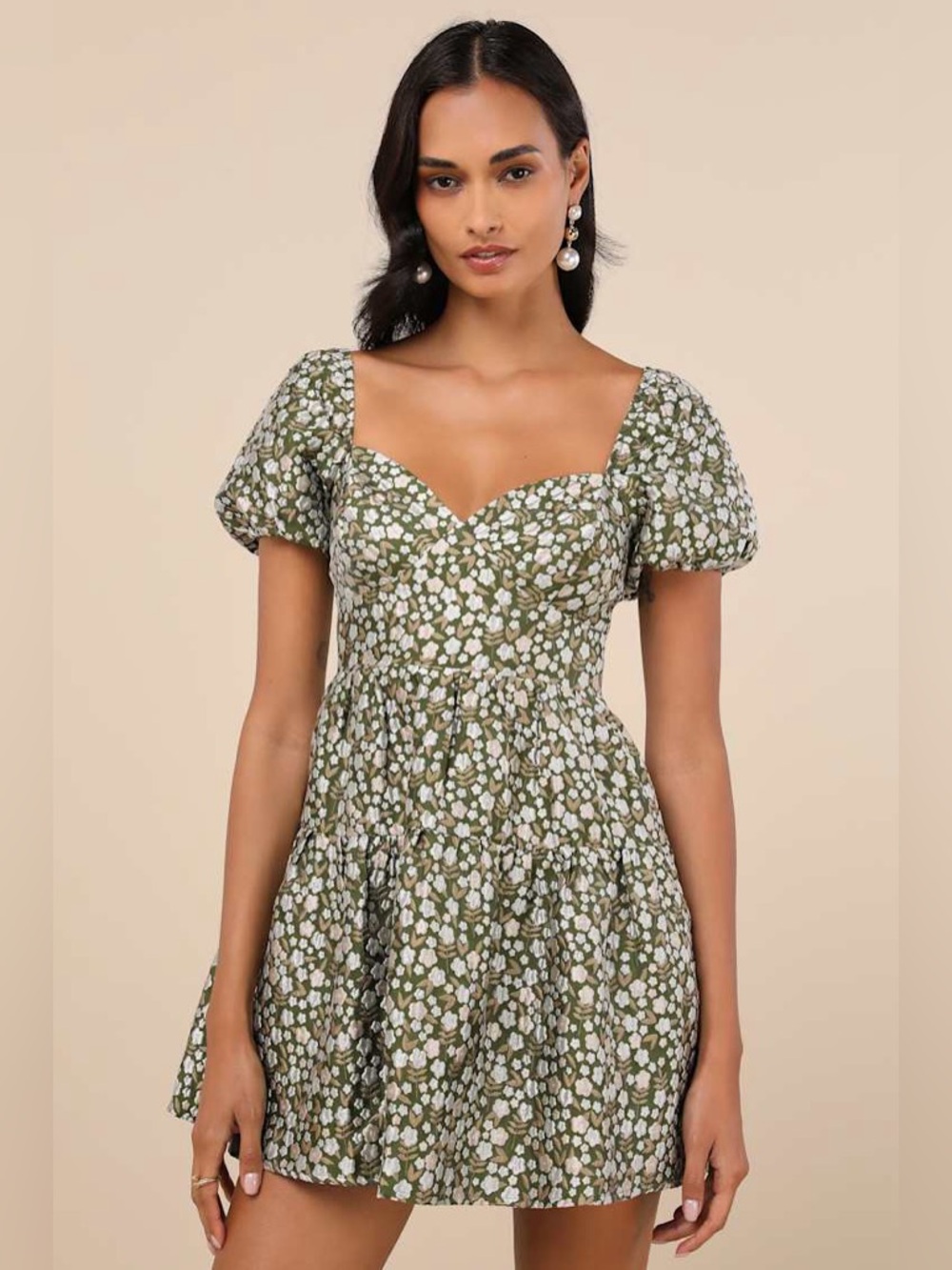 LULUs NWT Confident Sweetheart Olive Floral Jacquard Tiered Mini Dress size M